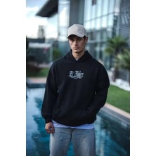 Tarz Yeri Üç Iplik Penye Kapşonlu Baskılı Sweatshirt - Siyah
