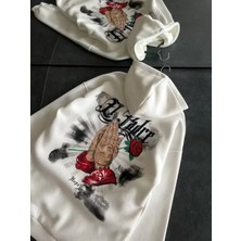 Tarz Yeri Üç Iplik Penye Uzun Kol Kapşonlu Baskılı Sweatshirt - Beyaz