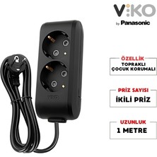 Viko | İkili Grup Priz, Topraklı - Çocuk Korumalı Çoğaltıcı Priz  [İkili, 1 Metre, Siyah]