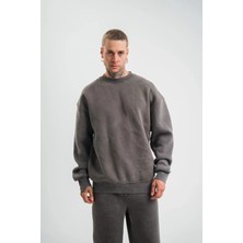 Tarz Yeri Unisex Uzun Kol Bisiklet Yaka Yıkamalı Sweatshirt - Füme