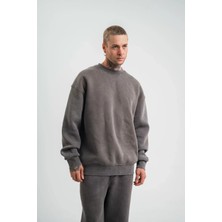 Tarz Yeri Unisex Uzun Kol Bisiklet Yaka Yıkamalı Sweatshirt - Füme