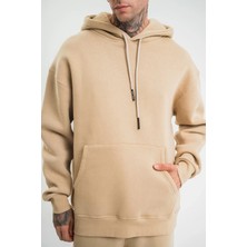 Tarz Yeri Unisex Double Oversize Kapşonlu Basic Sweatshirt - Bej