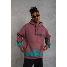 Tarz Yeri Erkek Üç Iplik Içi Pamuklu Alev Baskılı Kapüşonlu Sweatshirt - Gül Kurusu
