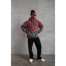 Tarz Yeri Erkek Üç Iplik Içi Pamuklu Alev Baskılı Kapüşonlu Sweatshirt - Gül Kurusu