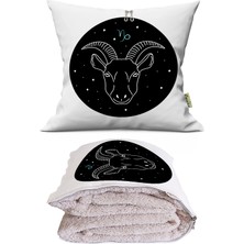 Caisya Siyah Oğlak Burcu Baskılı Dekoratif Yastık Kırlent Opsiyonel Battaniye