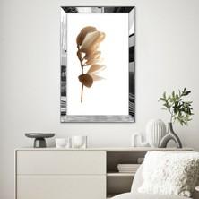 Zevahir Mobilya Dekorasyon Gümüş Aynalı Pleksi Çerçeveli Kolaj Beyaz Altın Sarısı Yaprak Desenli Çizim Tablo