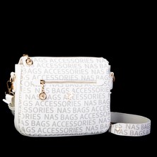 Nas Bag Kadın Çapraz Çanta Kalın Ayarlanabilir Askılı Çanta Beyaz  Yazılı (En: 26 cm,  Boy: 22 cm )