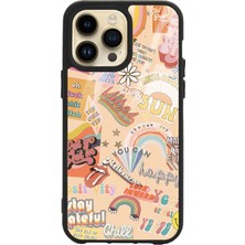 S-Case iPhone 14 Pro Max Vintage Sticker Tasarımlı Lansman Glossy Telefon Kılıfı