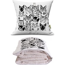 Caisya Şapşal Kediler Baskılı Dekoratif Yastık Kırlent Opsiyonel Battaniye