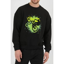 CU Collection Bisiklet Baskılı Siyah Unisex Kadın Erkek Pamuklu Sweatshirt CU166