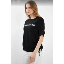 Kadın Siyah Onu Yazılı Yanları Büzgülü Oversize T-Shirt