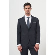 Morven  Erkek Lacivert Poliviskon Basic Jakar Desen Slim Fit Sivri Yaka Takım Elbise