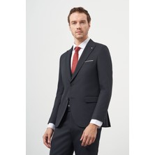 Morven  Erkek Lacivert Poliviskon Basic Yelekli Jakar Desen Slim Fit Sivri Yaka Takım Elbise