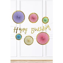 Pekshop Makaron Renkler Gold Yaldızlı Yelpaze Süs Seti 6lı Gold Happy Birthday Bannerlı Paket