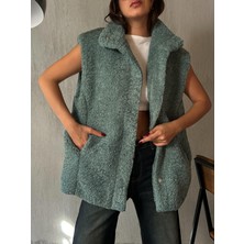 Minaaise Kadın Mint Yeşili Gizli Çıtçıt Detaylı Astarlı Peluş Yelek 28267