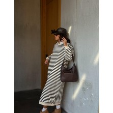 Kadın Siyah Çizgili 3 Iplik Şardonsuz Uzun Oversize Elbise 28288