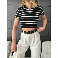 Ayşegül Çöplü Kadın Polo Yaka Fermuarlı Crop Bluz