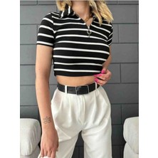 Ayşegül Çöplü Kadın Polo Yaka Fermuarlı Crop Bluz