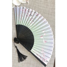 Yelpaze Sakura Çiçekli Pembe Bambu Kumaş Yelpaze A507