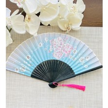 Yelpaze Mavi Pembe Sakura Çiçekli Bambu Kumaş