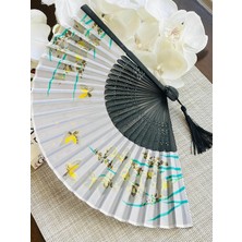 Yelpaze Gri Sakura Çiçekli Bambu Kumaş