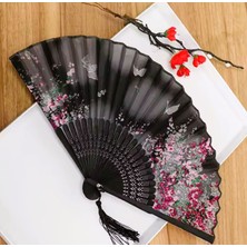 - Vintage Bambu Beyaz Çiçek Ve Kelebek Desenli Şık Japon Yelpaze Özel Tasarım