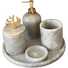 Urestone Home Mermer 5 Parça Banyo Seti-Tepsi-Katı Sabunluk-Sıvı Sabunluk-Diş Fırçalık-Pamukluk