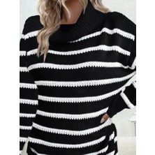 Defy Moda Kadın Uzun Kollu Degaje Yaka Çizgili Sonya Iplik Mini Boy Triko Elbise (Kemersiz)