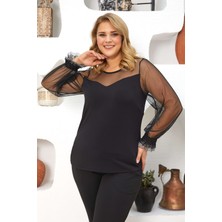 Sea Moda Tül Robalı Kolucu Fırfır Detaylı Bluz-Siyah