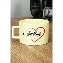 Hedizu Kişiye Özel Kalpli Isim Yazılı Pastel Fincan Sarı Sevgililer Günü Hediyesi