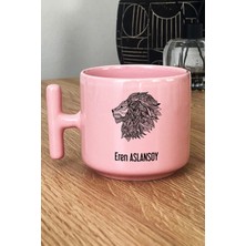 Hedizu Kişiye Özel Aslan Tasarımlı Pastel T Kulplu Kupa Bardak Pembe Hayvan Figürlü