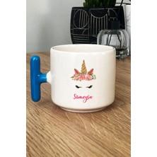 Hedizu Kişiye Özel Unicorn -2- Kupa Bardak T Kulplu Mavi Isme Özel Hediye