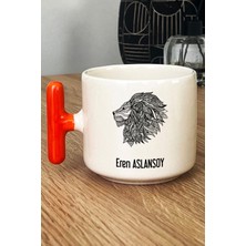 Hedizu Kişiye Özel Aslan Tasarımlı Kupa Bardak T Kulplu Turuncu Hayvan Figürlü