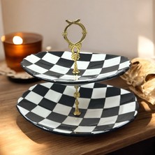 Handmade  Çini Katlı Oval Servis Tabağı Dama Desen Tasarım Sunumluk Çini