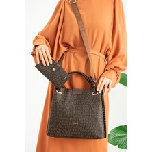 Just Polo Kadın Kahverengi Örgülü 5 Bölmeli El ve Omuz Çantası ve Cüzdan KOMBINI-J2180