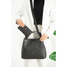 Just Polo Kadın Siyah Örgülü 5 Bölmeli El ve Omuz Çantası ve Cüzdan KOMBINI-J2180