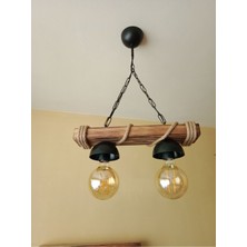 Woodhub Vintage, Otantik 2li Ahşap, Rustik Avize E27 Duylu