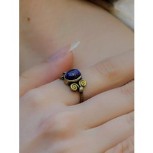 Esha Store Doğal Taş Lapis Doğal Taşlı Antik Işlemeli Ayarlanabilir Kadın Yüzük EUY43L