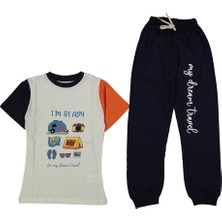 Erkek Çocuk Ekru Füme Yakalı Kamp Baskılı Pijama Takımı