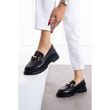 Shoetek Rauga Kadın Makosen Ayakkabı Tokalı Babet Siyah Kroko Deri