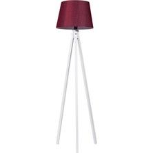 Kumaş Lambader Ahşap 3 Ayaklı Tripod Lamba Abajur Konik Başlık Bordo Beyaz Ayak L327
