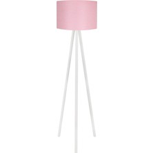 Woodhub 3 Ayaklı Lambader Tripod Ayak Üç Ayaklı Abajur Yuvarlak Kumaş Pembe Başlık Beyaz Ayak 202380