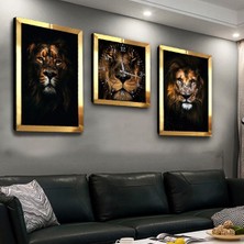 Zevahir Mobilya Dekorasyon Ormanlar Kralı Aslan Pleksi Kenar 3'lü Mdf Tablo ve Saat Seti