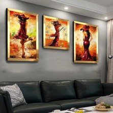 Zevahir Mobilya Dekorasyon Yağlı Boya Görünümlü Genç Kadın Pleksi Kenar 3'lü Mdf Tablo ve Saat Seti