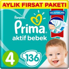 Prima Bebek Bezi Aktif Bebek 4 Beden Aylık Fırsat Paketi 136 Adet