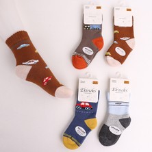 Ekinoks Socks Erkek Bebek Araba Desenli Dikişsiz Pamuklu Kışlık Termal 4'lü Havlu Soket Çorap