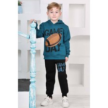 Erkek Çocuk Üzerinde Top ve Game Day Yazı Baskılı Sweatshirt 3 Iplik Lacivert Eşofman Takım