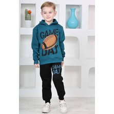 Erkek Çocuk Üzerinde Top ve Game Day Yazı Baskılı Sweatshirt 3 Iplik Lacivert Eşofman Takım