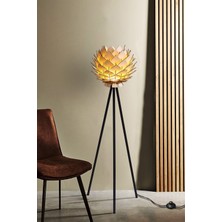 Woodhub Lotus Metal Ayaklı Yerpuar Anahtarlı Ahşap Modern Tripod Üç Ayaklı Lambader Aydınlatma
