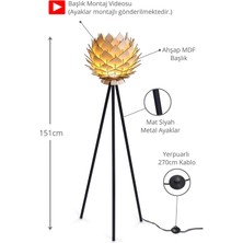 Woodhub Lotus Metal Ayaklı Yerpuar Anahtarlı Ahşap Modern Tripod Üç Ayaklı Lambader Aydınlatma